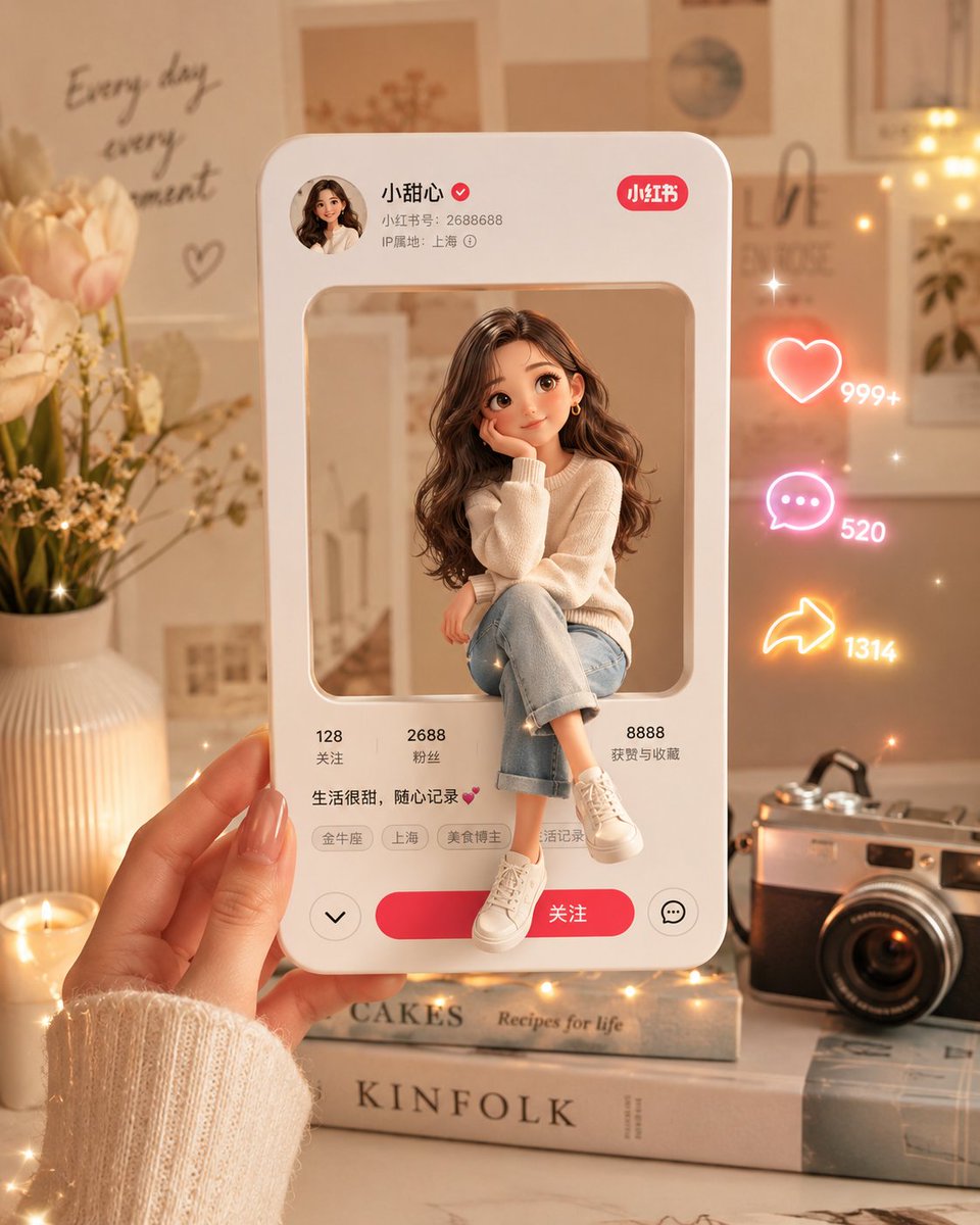 3D 社交媒体个人资料卡 / 3D Social Media Profile Card，UI 与社交媒体截图，霓虹、人像、电影感，案例输出图 2
