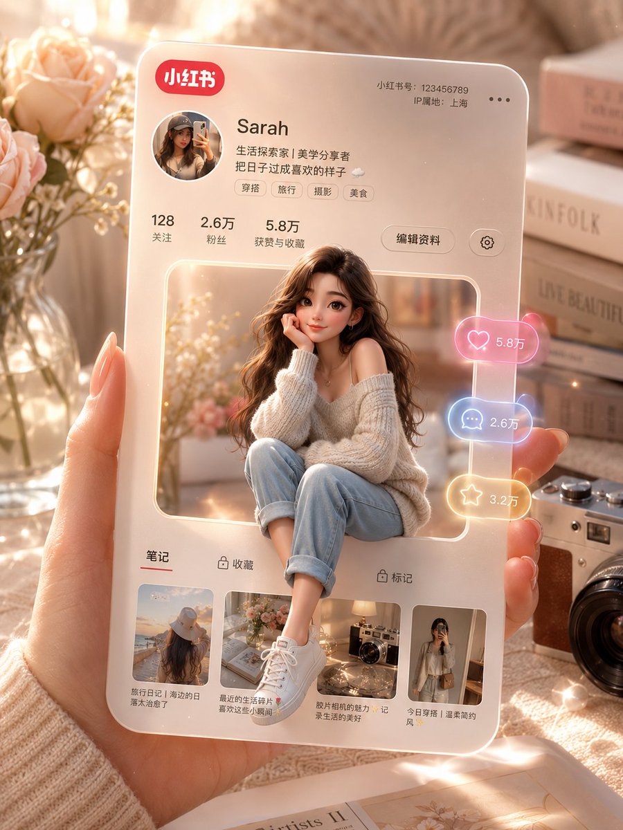 3D 社交媒体个人资料卡 / 3D Social Media Profile Card，UI 与社交媒体截图，霓虹、人像、电影感，案例输出图 1