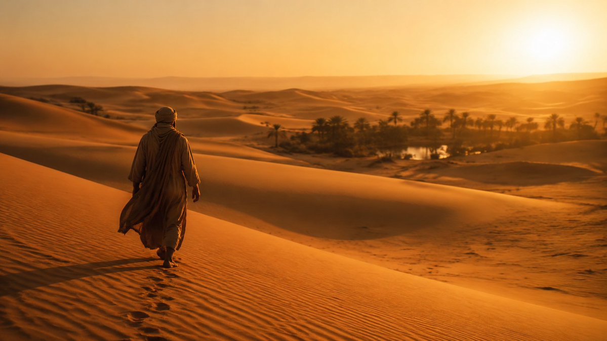 日落时分的电影感沙漠游牧者 / Cinematic Desert Nomad at Sunset，角色设计，电影感、插画、角色，案例输出图 1