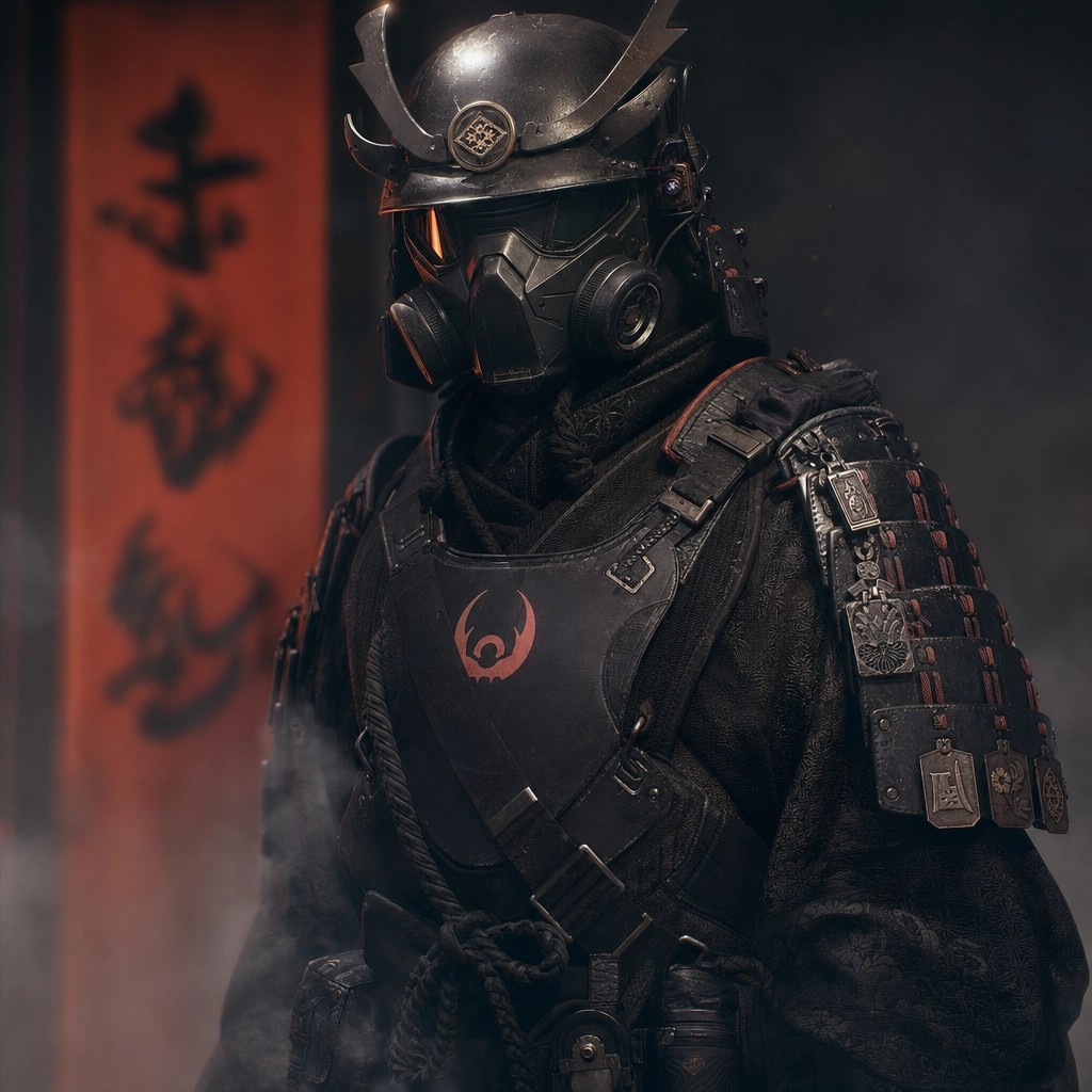 未来感暗黑武士肖像 / Futuristic Dark Samurai Portrait，角色设计，人像、电影感、截图，案例输出图 1