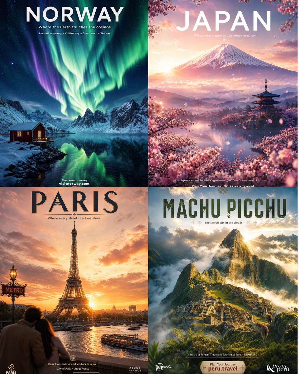 四地旅游海报网格 / Four Destination Tourism Poster Grid，人像与摄影，人像、电影感、海报，案例输出图 1