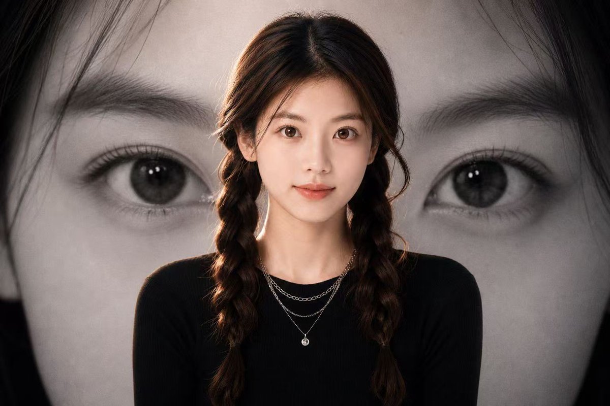 黑白眼睛背景人像 / Black-and-White Eye Backdrop Portrait，UI 与社交媒体截图，人像、电影感、时尚，案例输出图 1