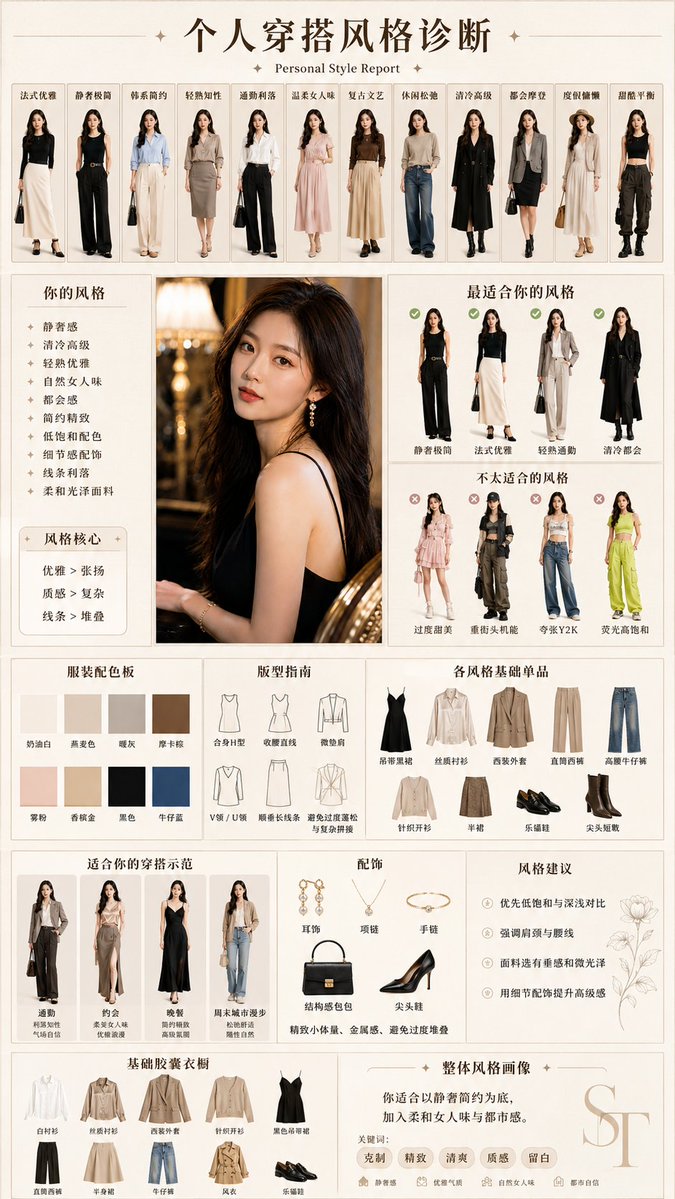 个人穿搭风格诊断报告 / Personal Style Diagnosis Report，模型对比与社区，人像、时尚、海报，案例输出图 1