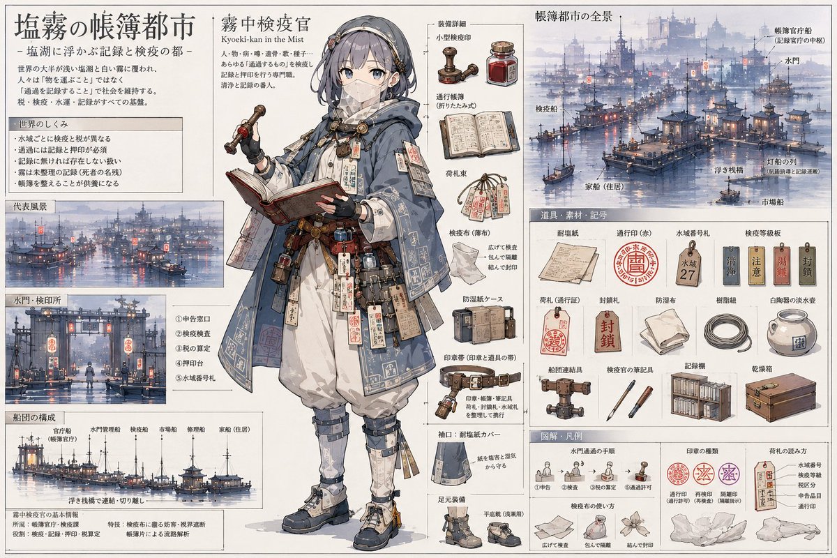 盐雾账簿之城参考图谱 / Salt Mist Ledger City Reference Sheet，UI 与社交媒体截图，插画、UI、截图，案例输出图 1