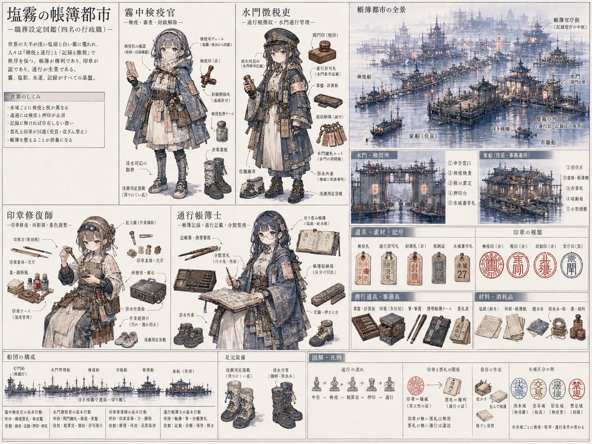 盐雾账簿之城参考图谱 / Salt Mist Ledger City Reference Sheet，UI 与社交媒体截图，插画、UI、截图，案例输出图 2