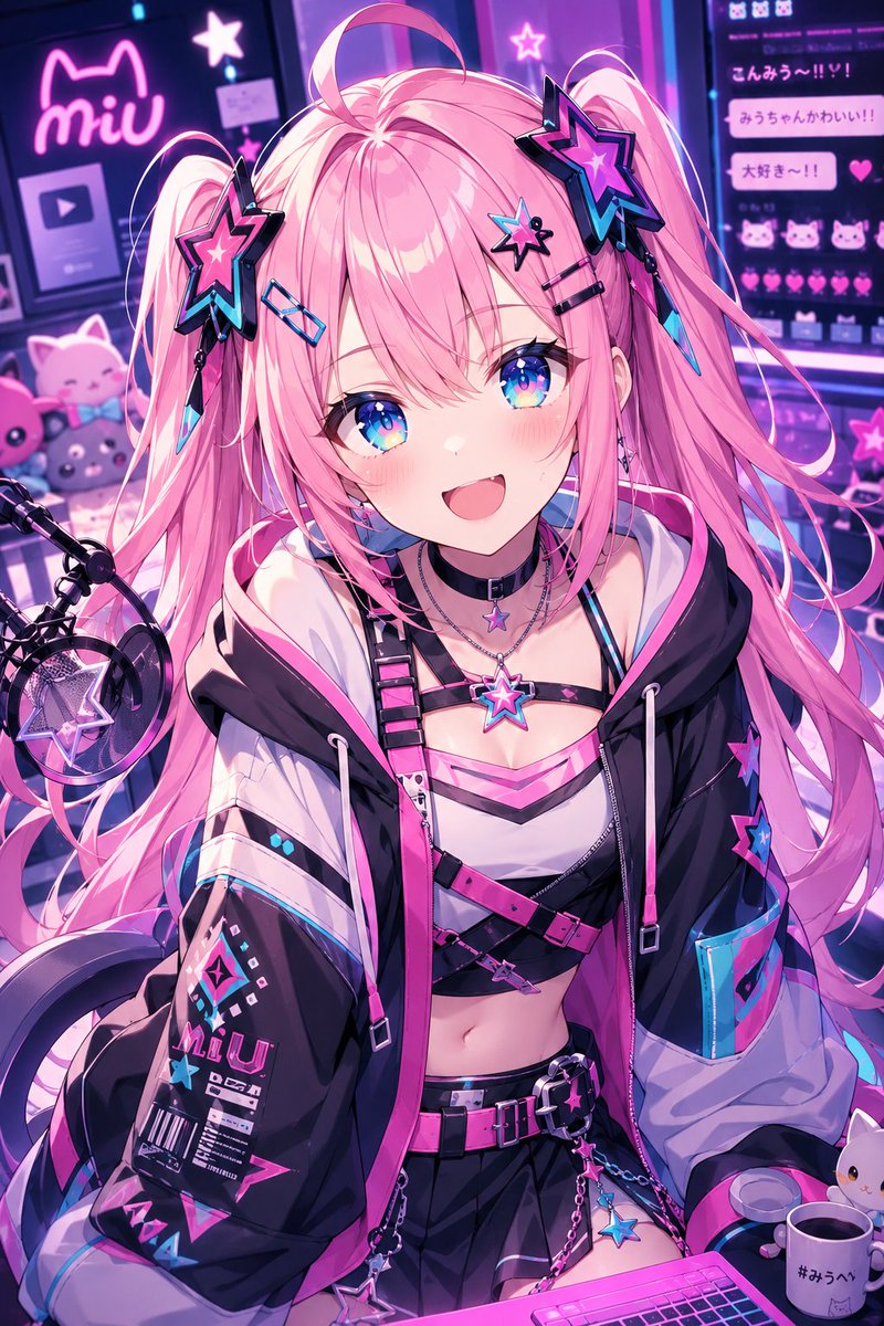 霓虹赛博可爱风 VTuber 肖像 / Neon Cyber-Kawaii VTuber Portrait，UI 与社交媒体截图，霓虹、人像、插画，案例输出图 1
