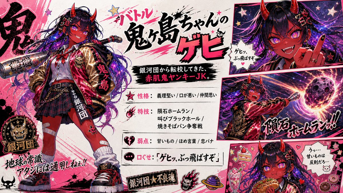 鬼族不良少女动漫角色设定集 / Oni Delinquent Anime Character Sheet，角色设计，霓虹、人像、海报，案例输出图 1