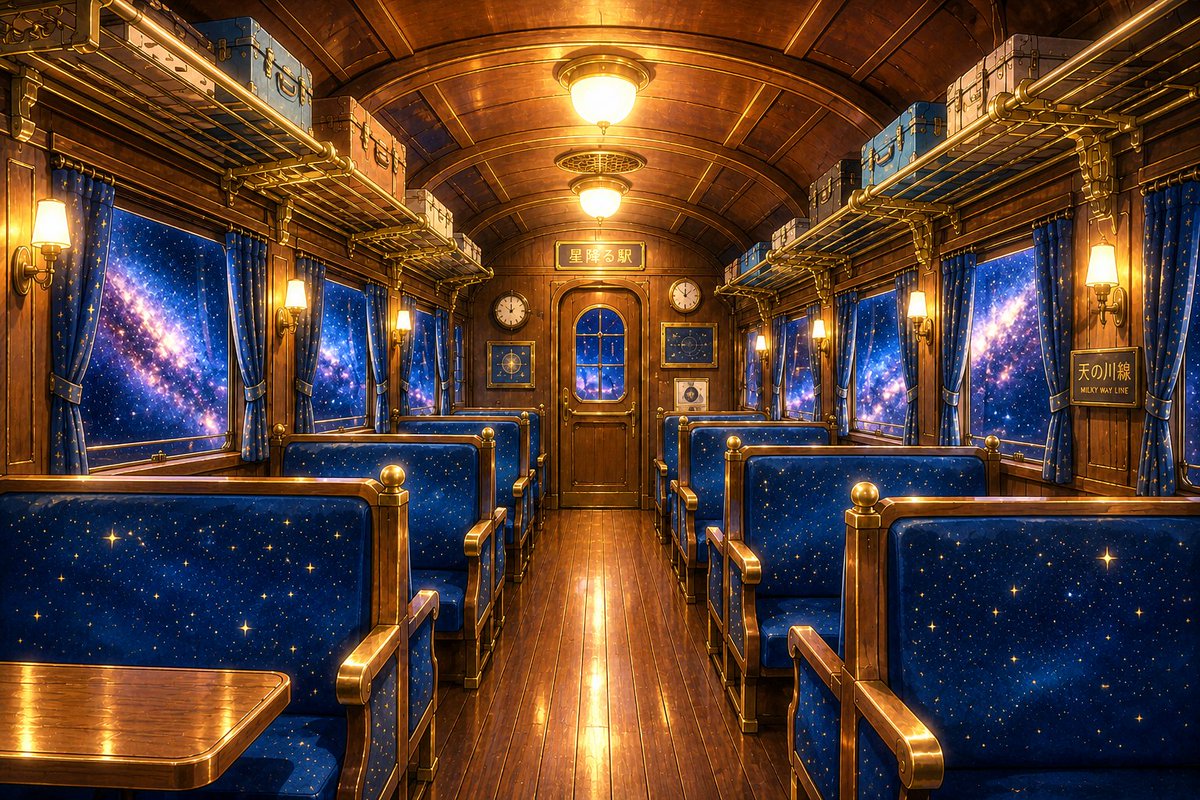 复古银河列车内景 / Retro Galaxy Train Interior，角色设计，电影感、插画、角色，案例输出图 1