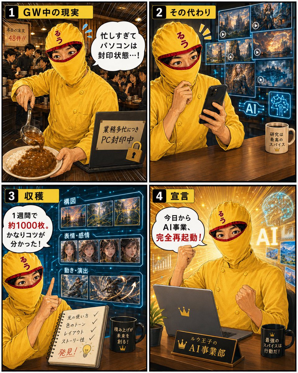 咖喱厨师 AI 重启漫画 / Curry Chef AI Restart Comic，UI 与社交媒体截图，人像、电影感、海报，案例输出图 1
