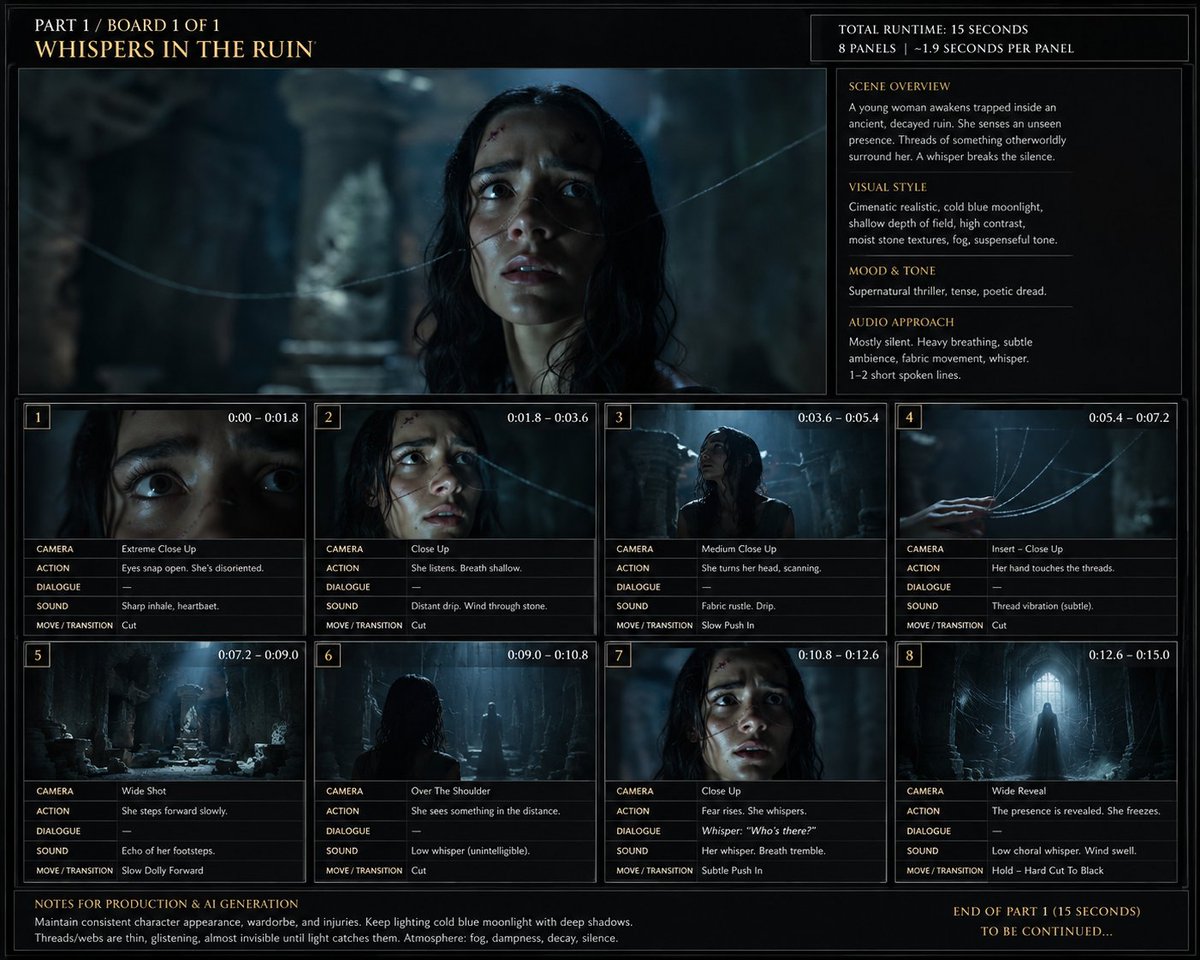 《废墟低语》项目 / Whispers in the Ruin Storyboard，UI 与社交媒体截图，35mm、电影感、海报，案例输出图 1