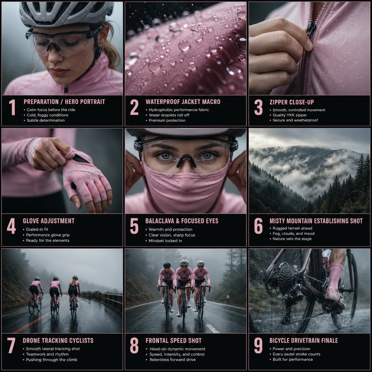 雨中骑行分镜网格 / Rain Cycling Storyboard Grid，角色设计，35mm、人像、电影感，案例输出图 1