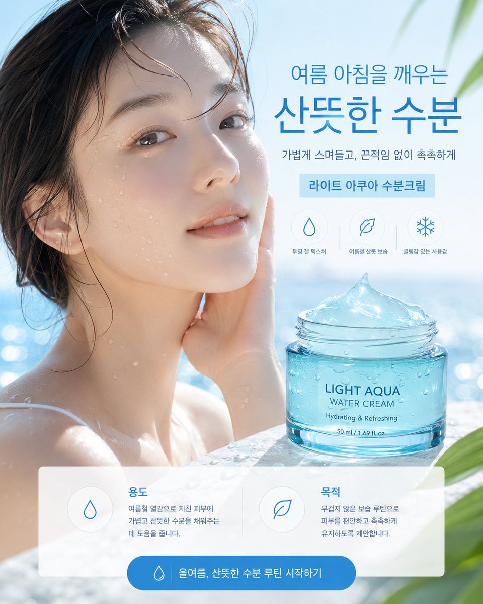 韩式水感面霜夏季广告 / Korean Aqua Cream Summer Ad,UI 与社交媒体截图,海报、UI、截图,案例输出图 1
