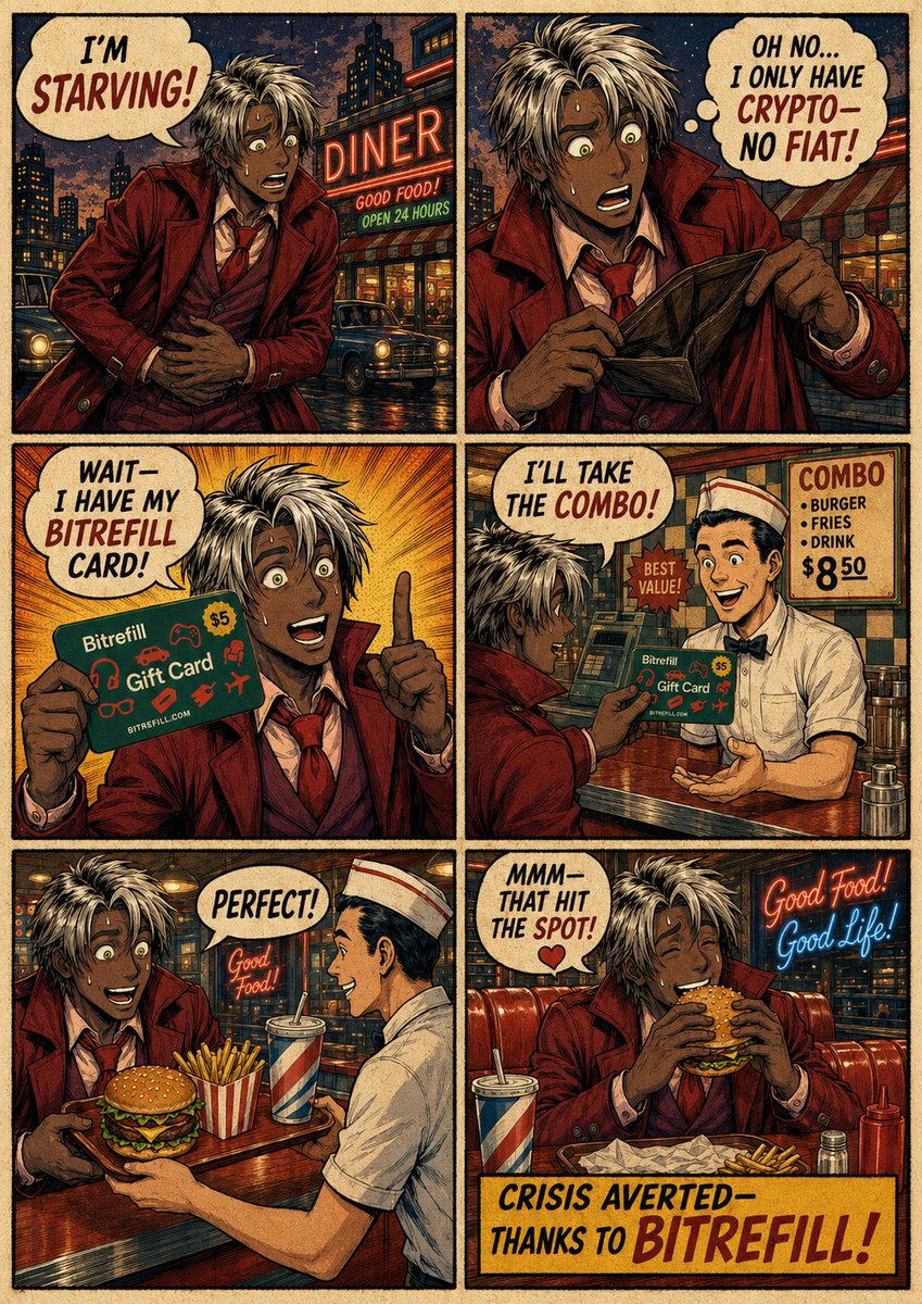 复古 Bitrefill 快餐店漫画广告 / Retro Bitrefill Diner Comic Ad,角色设计,霓虹、插画、截图,案例输出图 1
