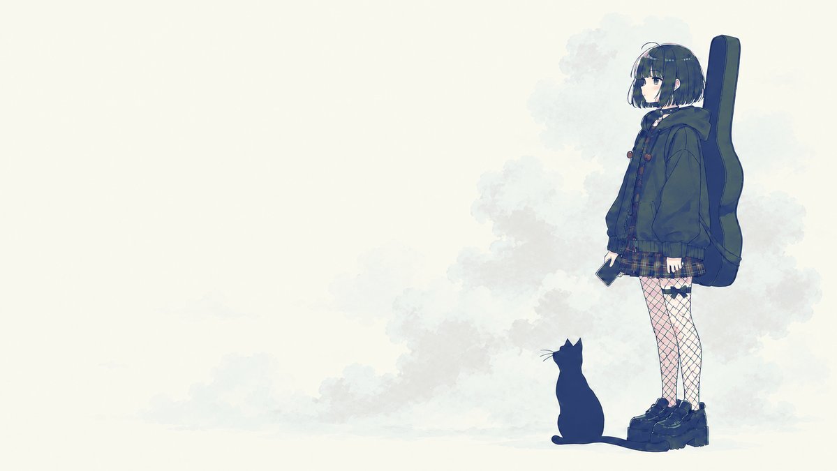 忧郁吉他少女与猫 / Melancholic Guitar Girl and Cat，角色设计，海报、插画、角色，案例输出图 1