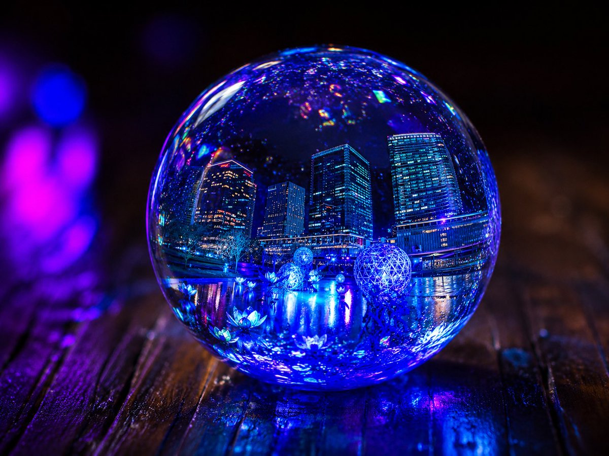 发光 UV 树脂城市球体 / Glowing UV Resin City Orb，人像与摄影，人像、电影感、城市视觉，案例输出图 1