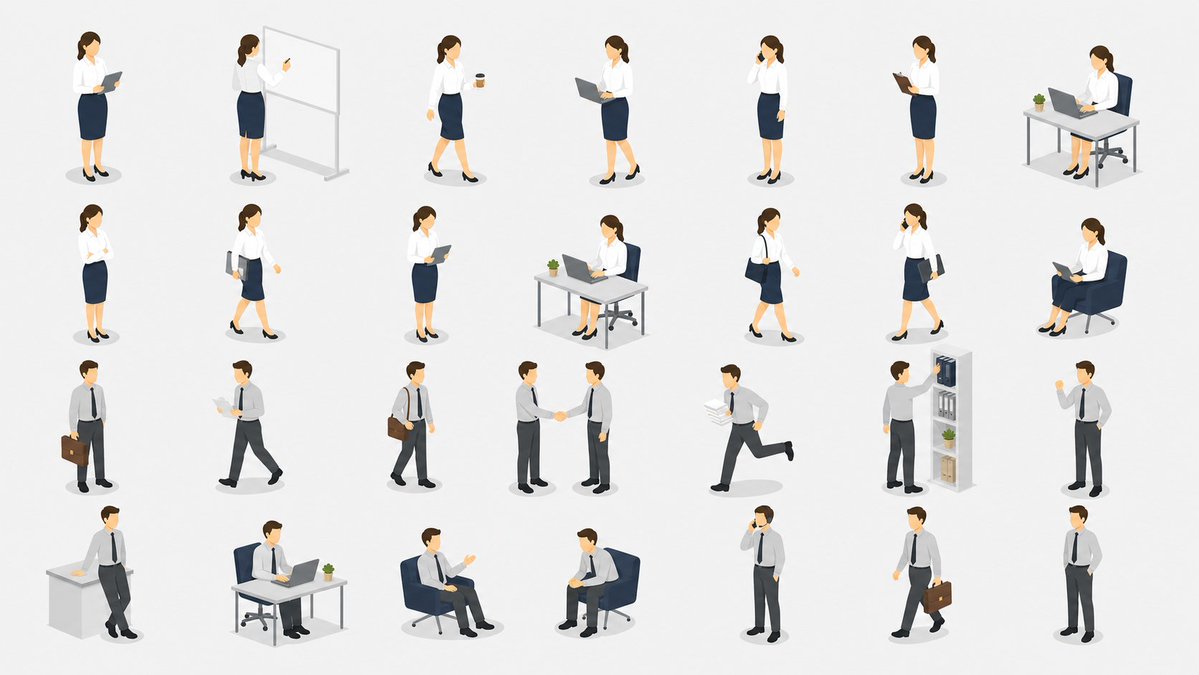 等距视角办公人员素材表 / Isometric Office Worker Asset Sheet,角色设计,插画、角色、极简,案例输出图 1