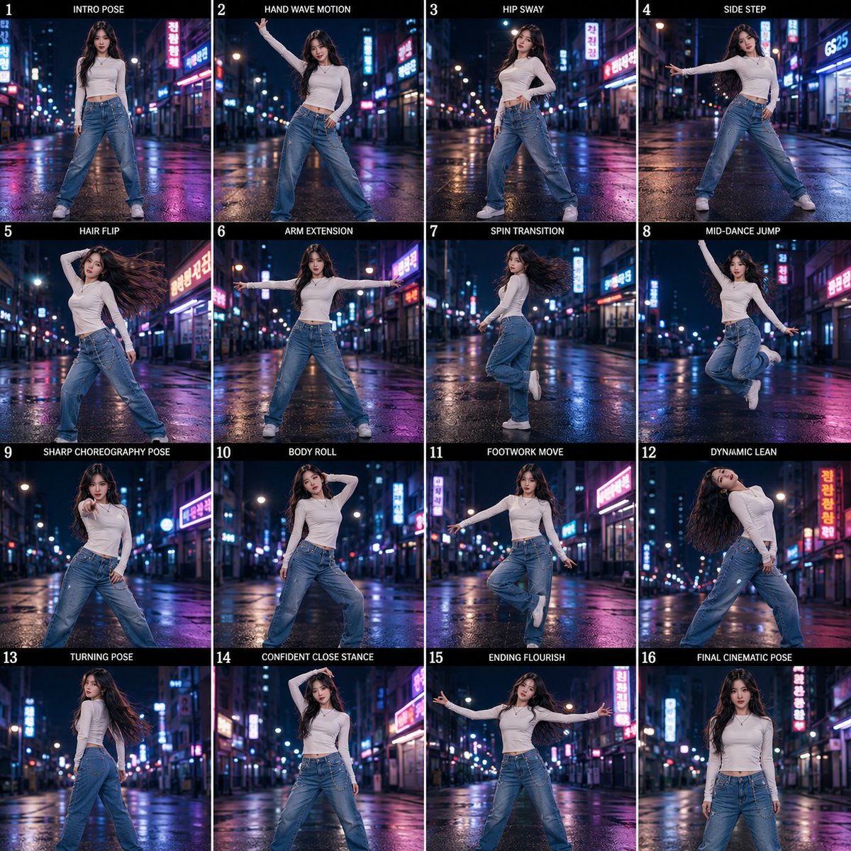 K-Pop 舞蹈动作分解图 / K-Pop Dance Motion Sheet,角色设计,霓虹、电影感、时尚,案例输出图 1