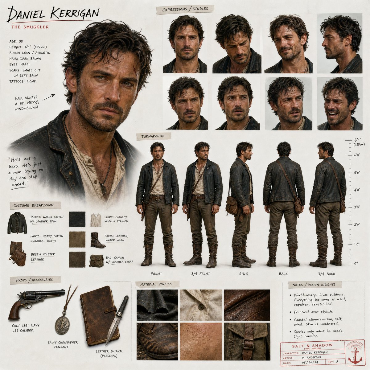 电影级角色设计图 / Cinematic Character Design Sheet,角色设计,35mm、人像、电影感,案例输出图 1