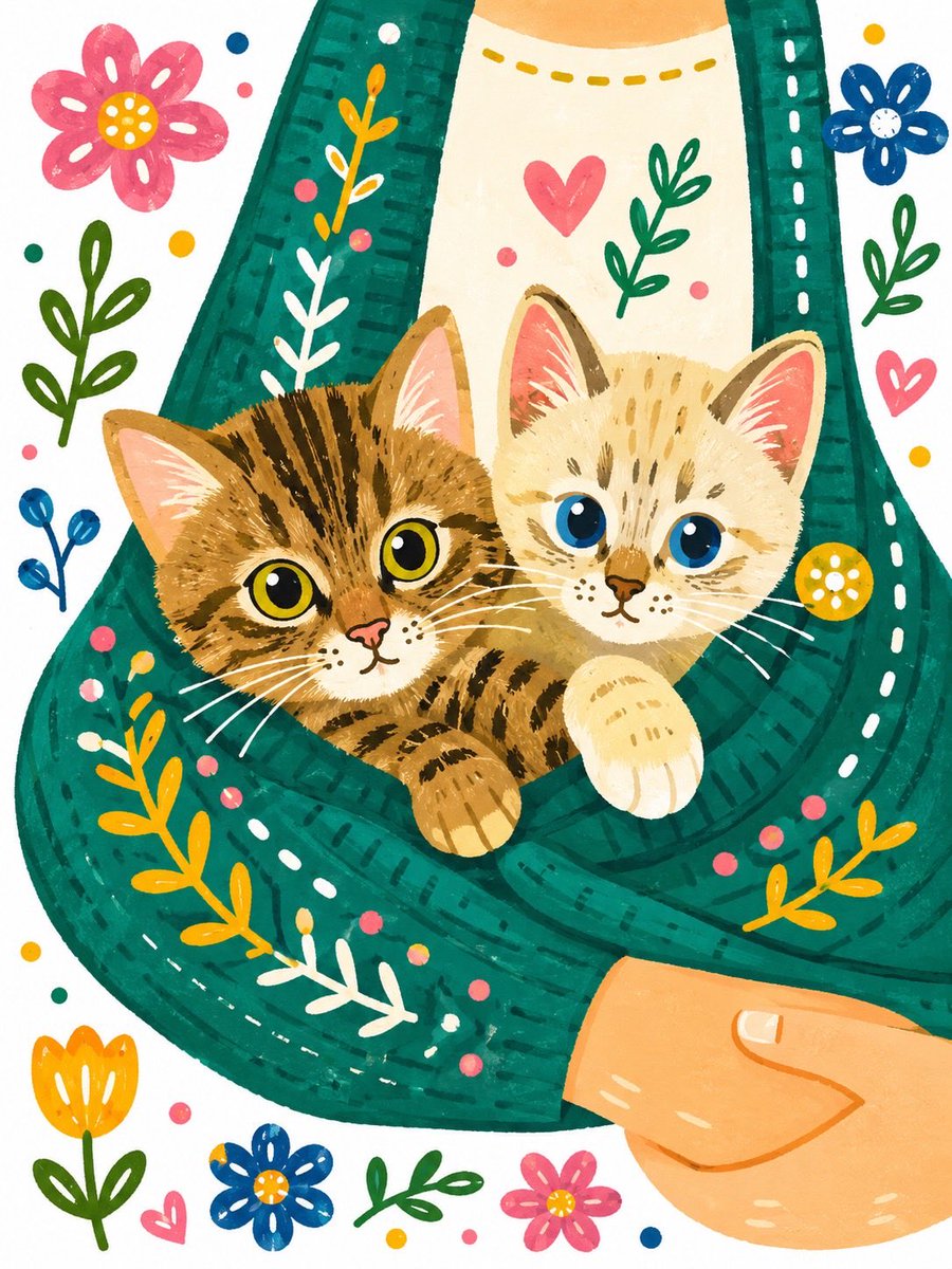 异想天开的手绘女孩与小猫插画 / Whimsical Hand-Painted Girl with Kitten Illustration，角色设计，插画、角色、水彩，案例输出图 2