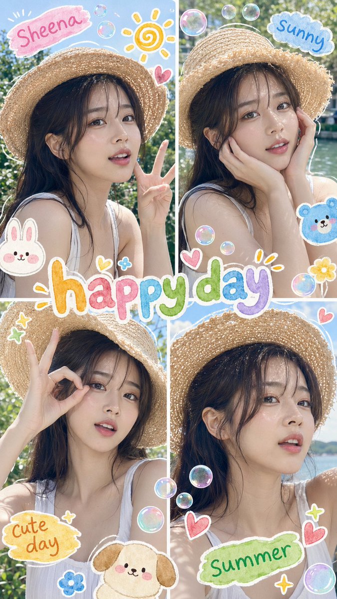 夏季自拍贴纸拼贴画 / Summer Selfie Sticker Collage，角色设计，35mm、人像、角色，案例输出图 1