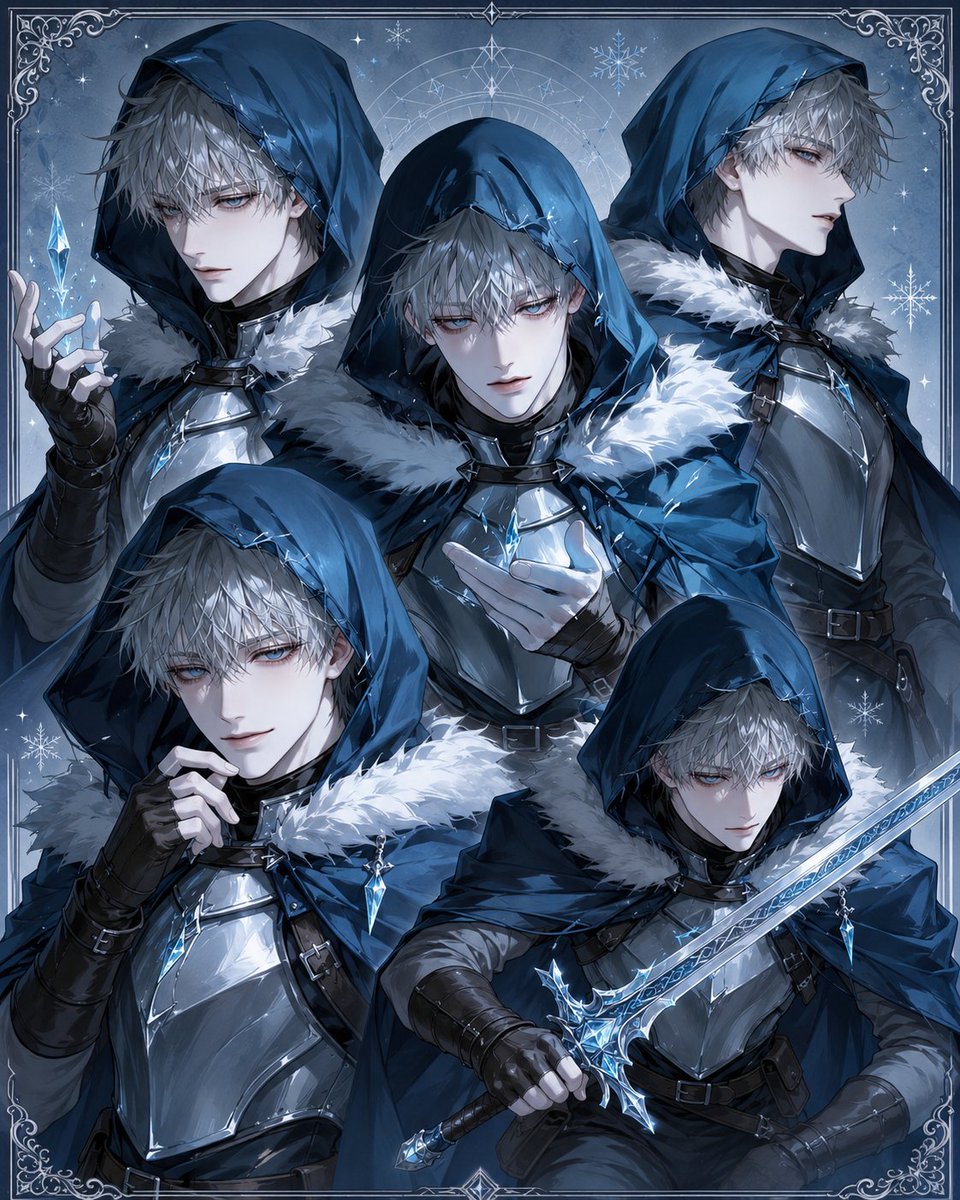 戴兜帽冰霜骑士姿势拼贴画 / Hooded Ice Knight Pose Collage，角色设计，插画、角色、二次元，案例输出图 1