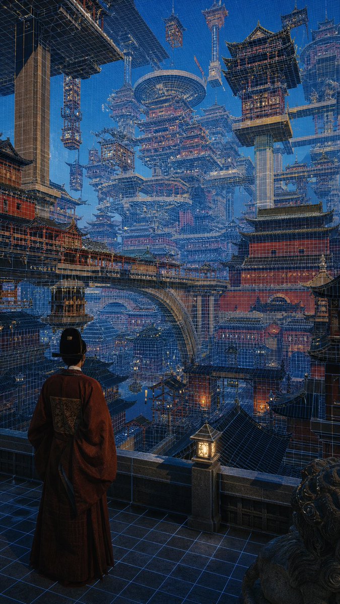 赛博帝国浮空宫殿城 / Cyber Imperial Floating Palace City,角色设计,电影感、插画、角色,案例输出图 1