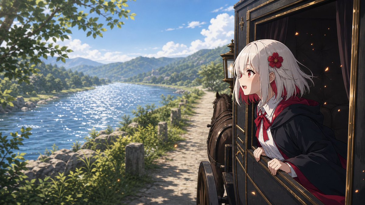 绯红法师河畔马车之旅 / Scarlet Mage Riverside Carriage Journey,角色设计,电影感、插画、角色,案例输出图 1