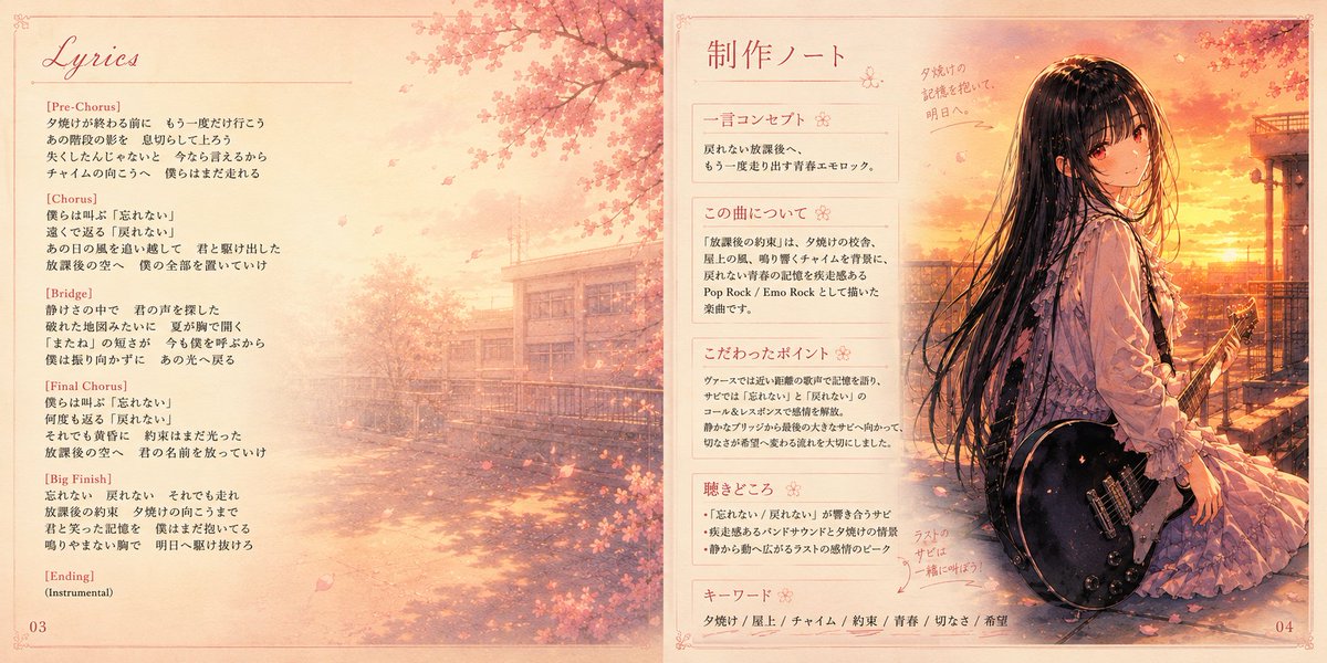 动漫樱花摇滚专辑封面 / Anime Cherry Blossom Rock Album Cover，角色设计，35mm、电影感、插画，案例输出图 3