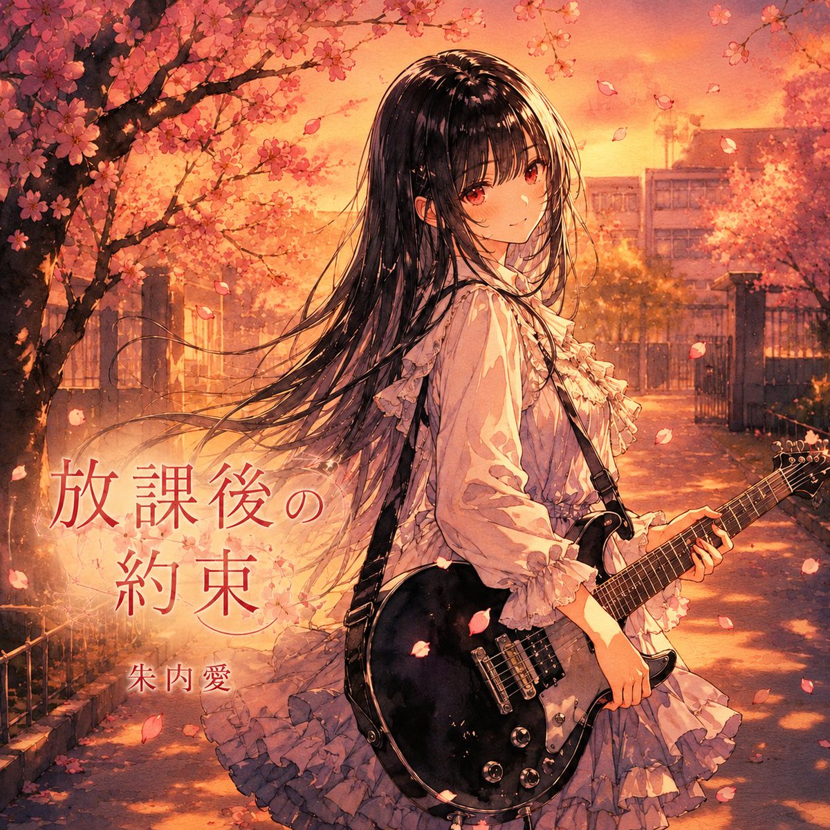 动漫樱花摇滚专辑封面 / Anime Cherry Blossom Rock Album Cover,角色设计,35mm、电影感、插画,案例输出图 1