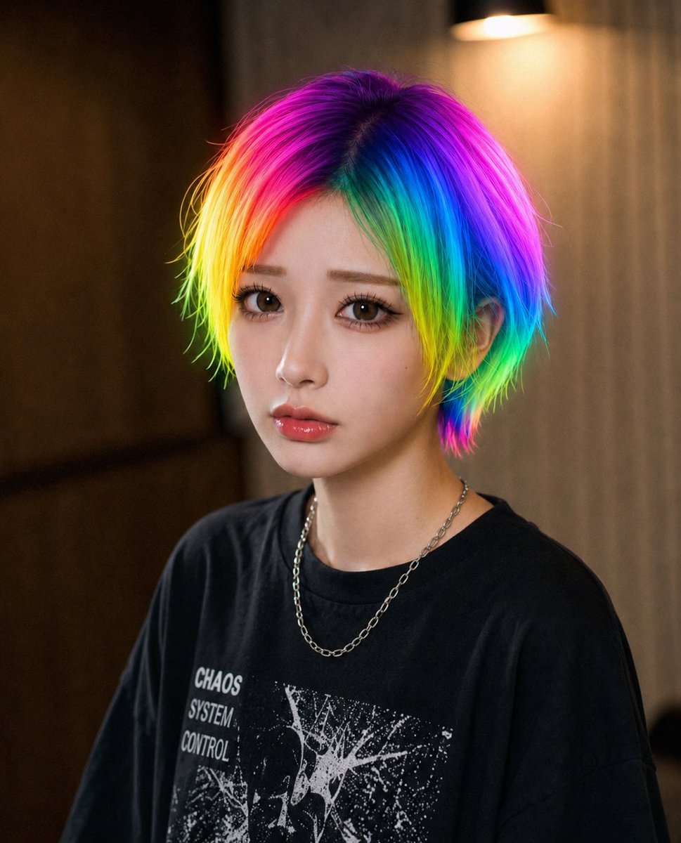 彩虹发色遮挡肖像 / Rainbow Hair Censored Portrait，人像与摄影，霓虹、人像、电影感，案例输出图 1