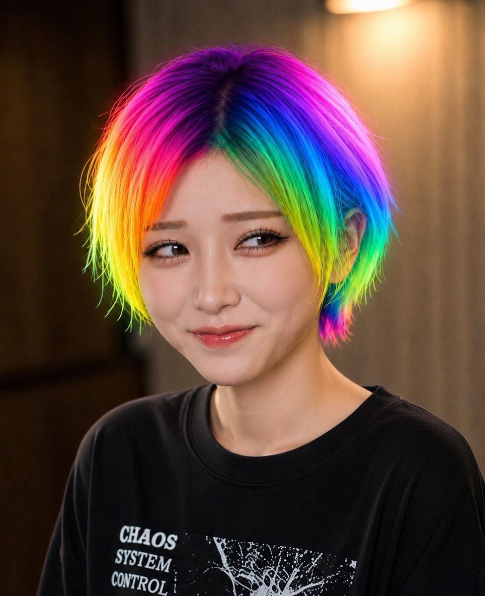 彩虹发色遮挡肖像 / Rainbow Hair Censored Portrait，人像与摄影，霓虹、人像、电影感，案例输出图 2