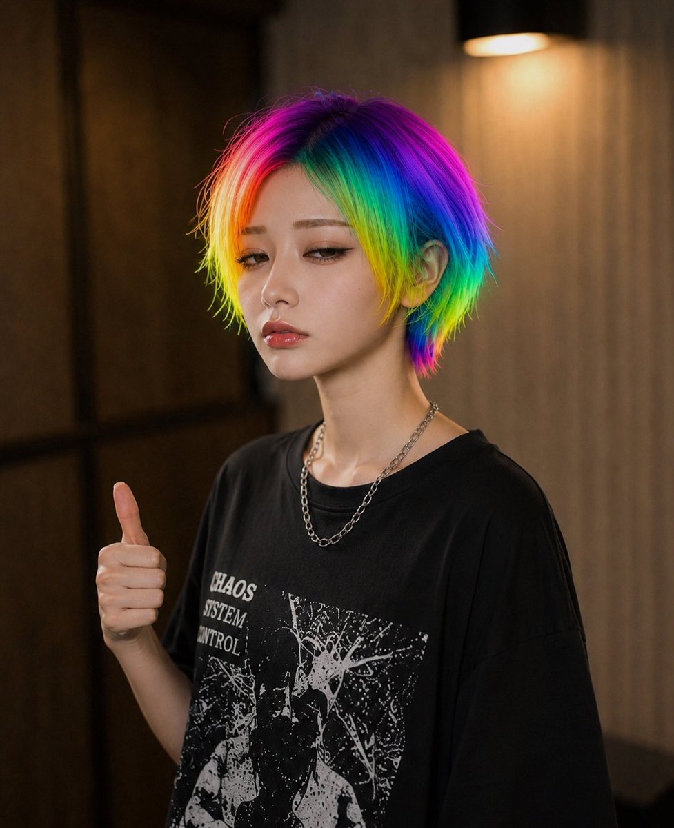 彩虹发色遮挡肖像 / Rainbow Hair Censored Portrait，人像与摄影，霓虹、人像、电影感，案例输出图 3