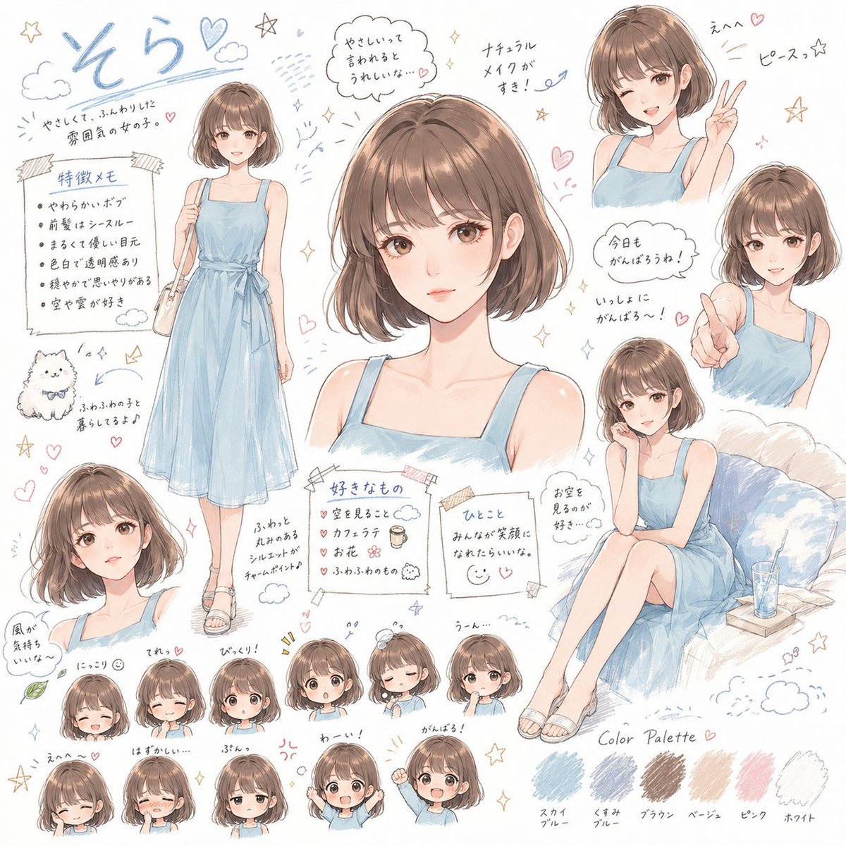 柔和色调波波头女孩角色设定集 / Pastel Bob-Haired Girl Character Sheet，角色设计，人像、海报、插画，案例输出图 1