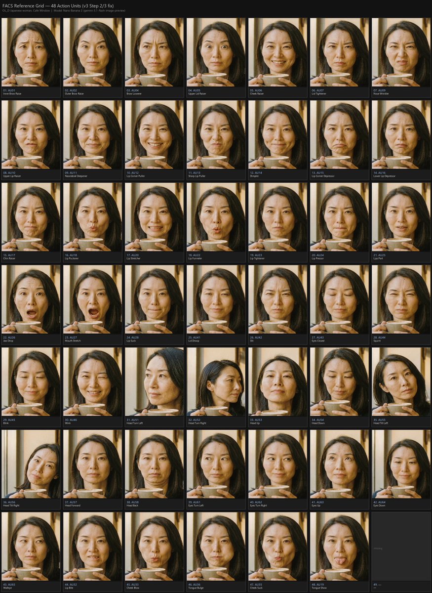 FACS 面部动作单元参考网格 / FACS Action Unit Reference Grid,UI 与社交媒体截图,人像、海报、UI,案例输出图 1