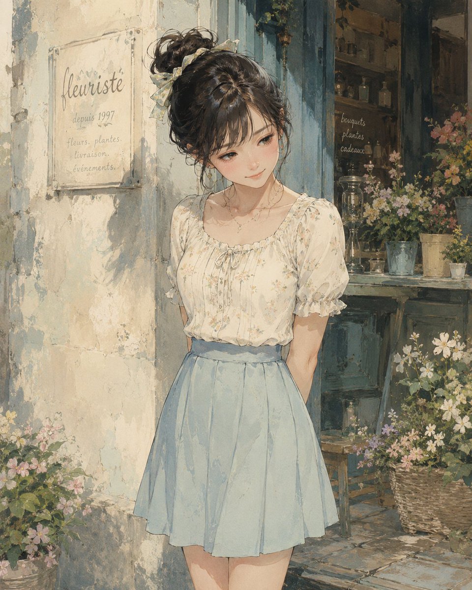 水彩花店少女肖像 / Watercolor Flower Shop Portrait，角色设计，人像、插画、角色，案例输出图 1