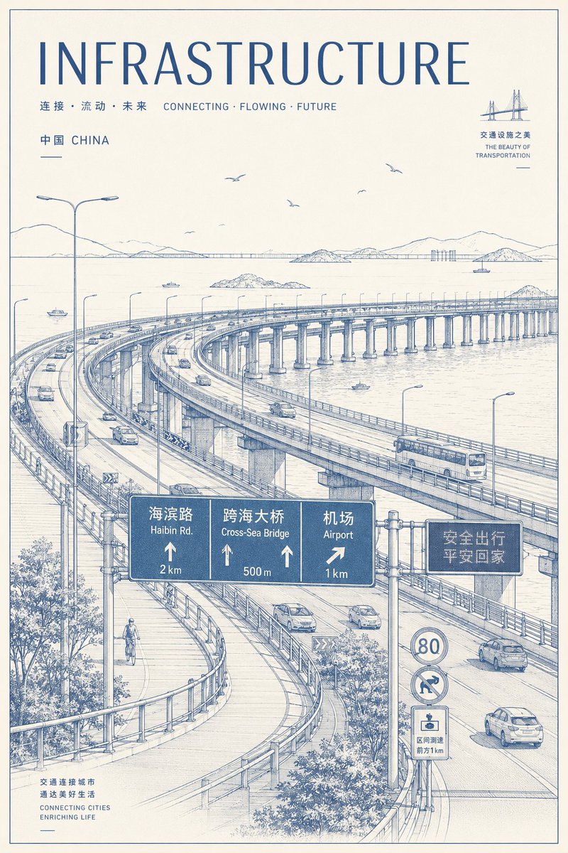 蓝色线条艺术基础设施海报 / Blue Line-Art Infrastructure Poster，人像与摄影，人像、海报、插画，案例输出图 1