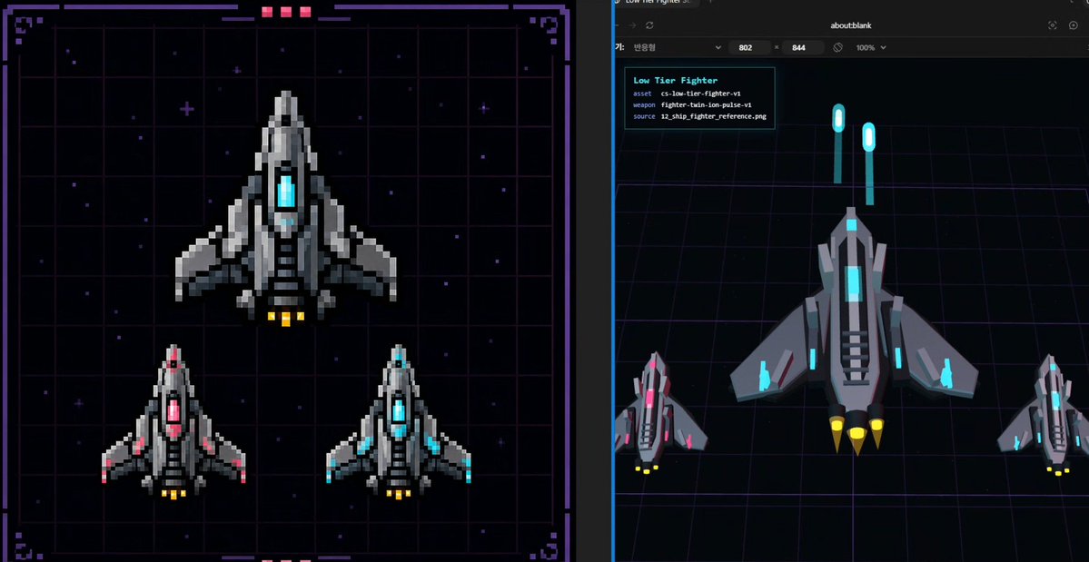 像素战斗机转 3D 资产图 / Pixel Fighter to 3D Asset Sheet，模型对比与社区，霓虹、UI、角色，案例输出图 1