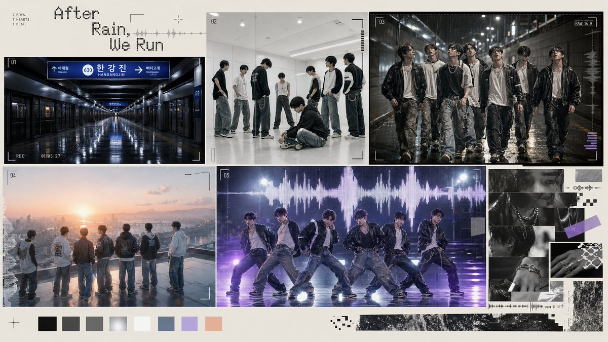 雨中 K-Pop 男团项目 / Rainy K-Pop Boy Group Moodboard,UI 与社交媒体截图,人像、电影感、时尚,案例输出图 1