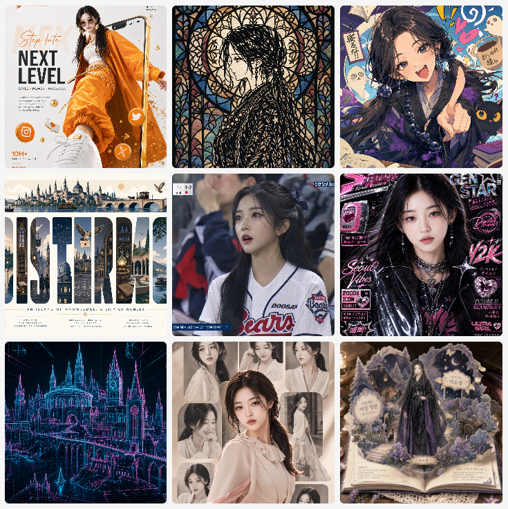 九宫格 AI 个人资料展示拼贴 / Nine-Panel AI Profile Gallery Collage,UI 与社交媒体截图,霓虹、人像、时尚,案例输出图 1