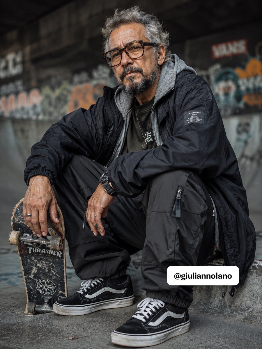 老年滑板手街头肖像 / Elderly Skater Street Portrait，角色设计，人像、电影感、时尚，案例输出图 1