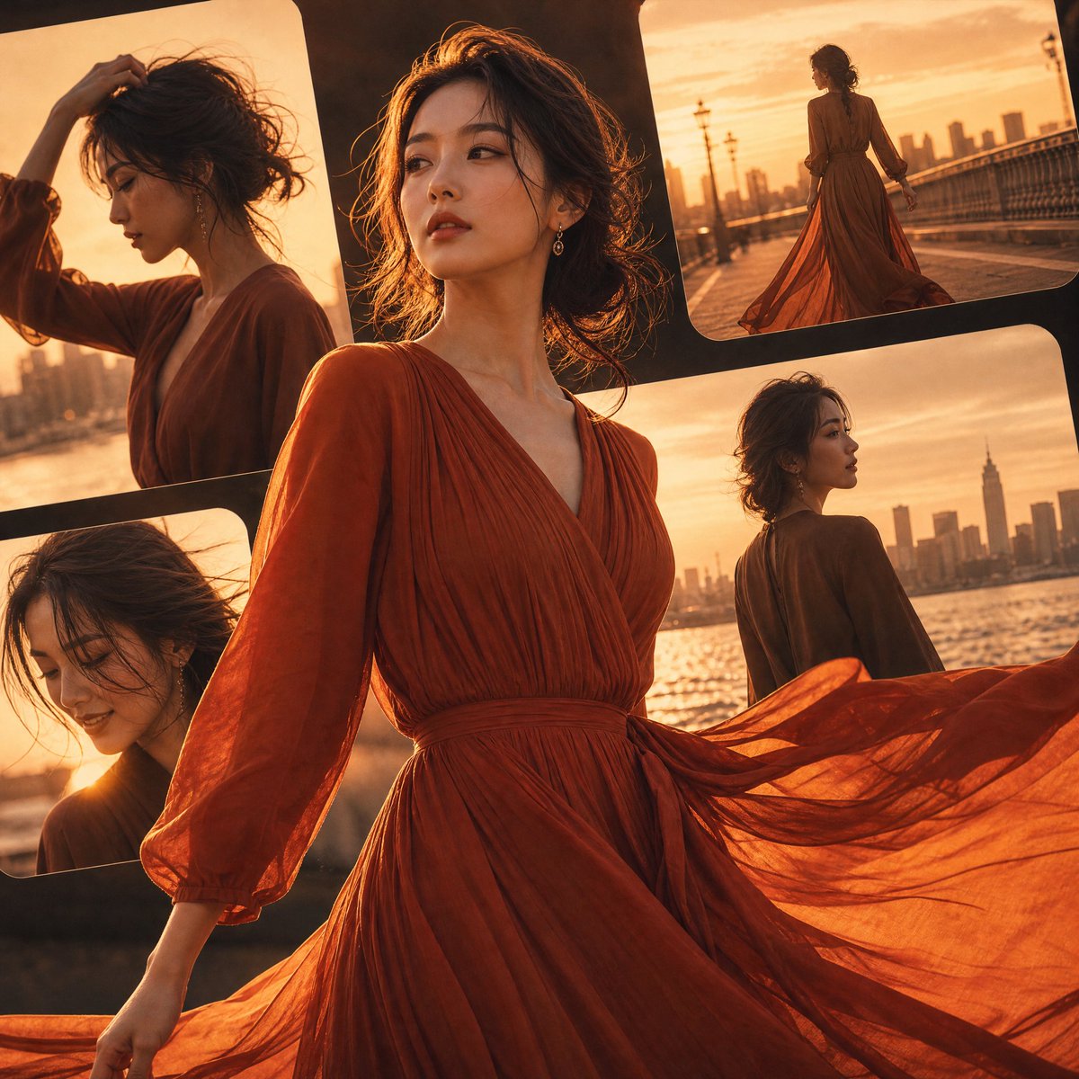 日系时尚黄金时刻拼贴画 / Japanese Fashion Golden Hour Collage，角色设计，电影感、时尚、海报，案例输出图 1