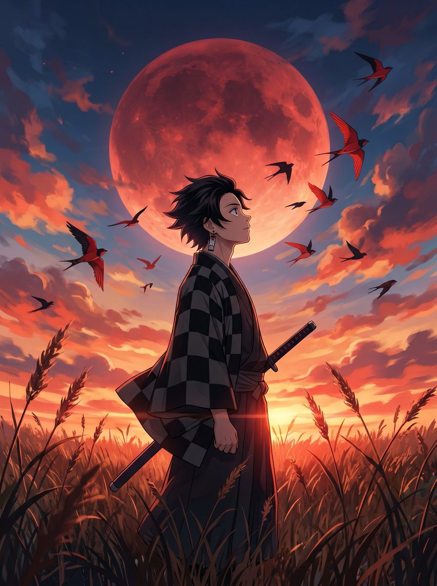 绯红月下的电影感动漫战士 / Cinematic Anime Warrior Under Crimson Moon，角色设计，人像、电影感、插画，案例输出图 1