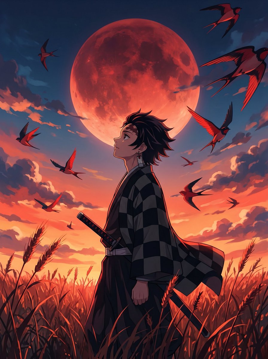 绯红月下的电影感动漫战士 / Cinematic Anime Warrior Under Crimson Moon，角色设计，人像、电影感、插画，案例输出图 2