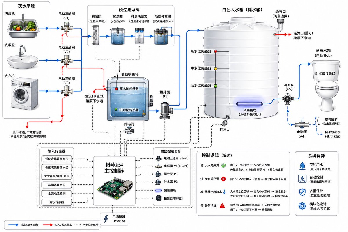 住宅中水回收系统示意图 / Residential Greywater Recycling Schematic，UI 与社交媒体截图，UI、截图、极简，案例输出图 1