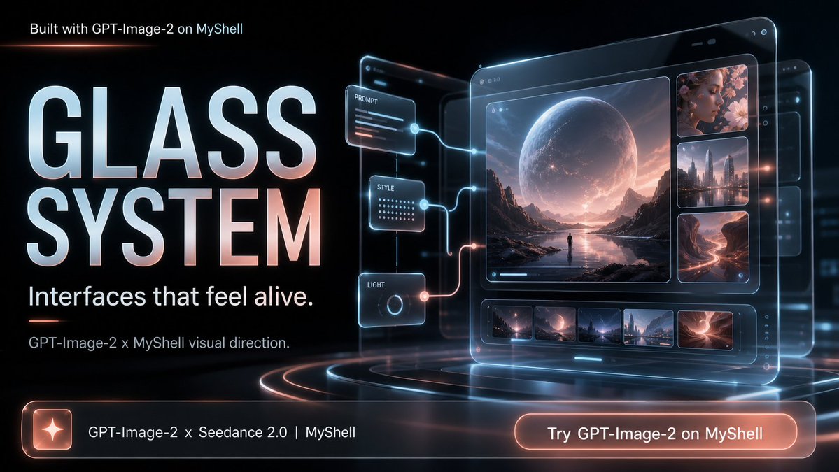 未来感玻璃 UI 宣传横幅 / Futuristic Glass UI Promo Banner，UI 与社交媒体截图，35mm、霓虹、电影感，案例输出图 1