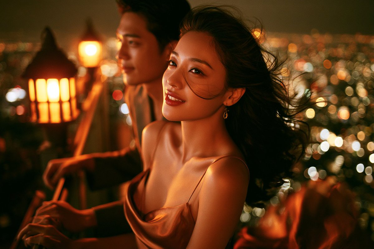 天台夜生活情侣 / Rooftop Nightlife Couple,人像与摄影,35mm、人像、电影感,案例输出图 1