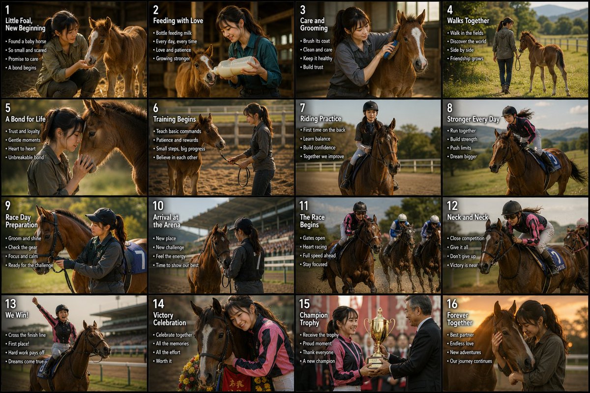 16 格赛马故事板 / 16-Panel Horse Racing Storyboard，UI 与社交媒体截图，35mm、电影感、海报，案例输出图 1