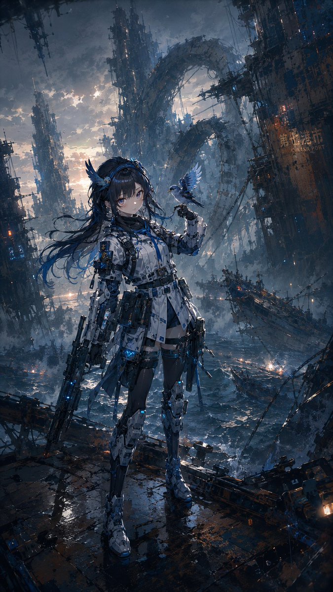 废弃港口的赛博少女 / Cybernetic Girl in Ruined Harbor，角色设计，电影感、插画、角色，案例输出图 1
