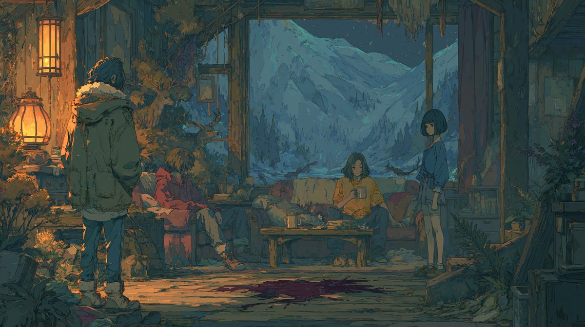 神秘山间小屋动漫场景 / Mysterious Mountain Lodge Anime Scene，UI 与社交媒体截图，电影感、插画、UI，案例输出图 1
