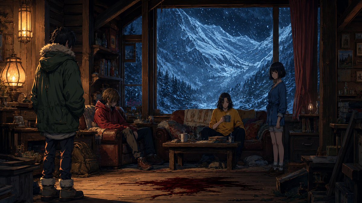 神秘山间小屋动漫场景 / Mysterious Mountain Lodge Anime Scene，UI 与社交媒体截图，电影感、插画、UI，案例输出图 2